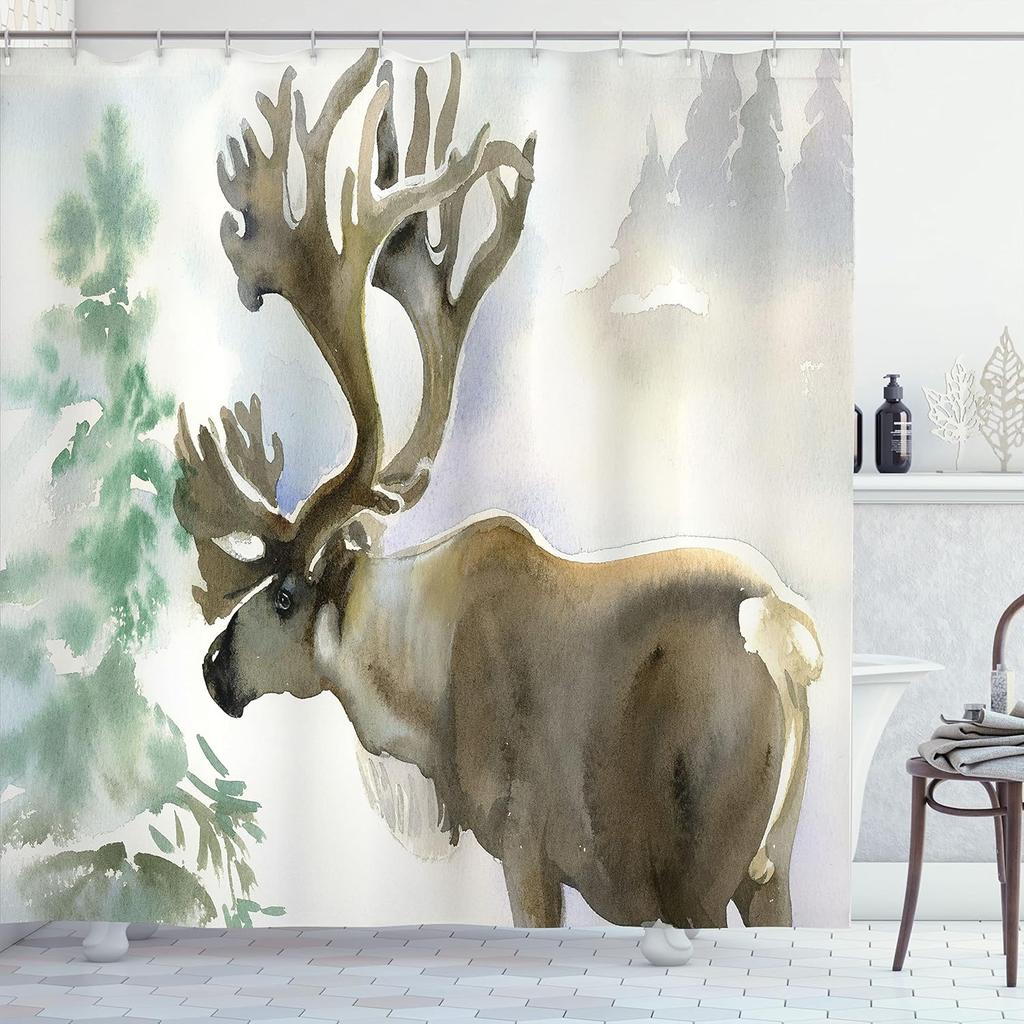 Antlers Shower Curtain Moose In Winter Forest Wildlife Reindeer Christmas Theme Watercolor Painting Style, Cloth Fabric Bathroom