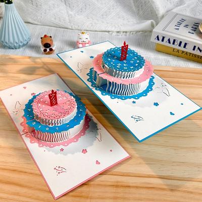 Creative 3D Pop-Up Happy Birthday Card Hollowed Out Flowers with Envelope Greeting Card Foldable 2-Layer Birthday Cake Gift Card