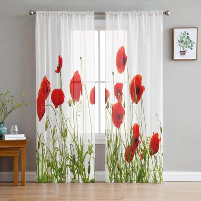 Vallmoblommor Röda Blommor Vita Skira Gardiner Vardagsrumsfönster Tyllgardiner För Sovrum Kök Hemdekoration Voile Draperier