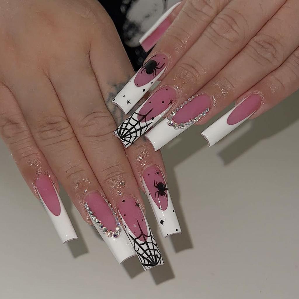 24Pcs Halloween Press On Nails Medium Square Fake Nails With Red Blood Design White French Tip Manicure