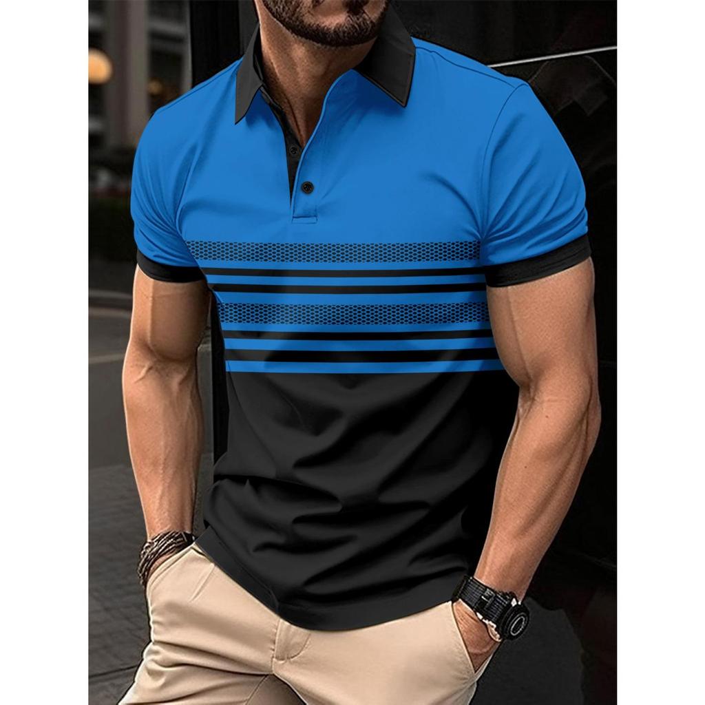 Summer New Men's Daily Sports Casual Stripe Printed Lapel Short Sleeve Pullover Shirt