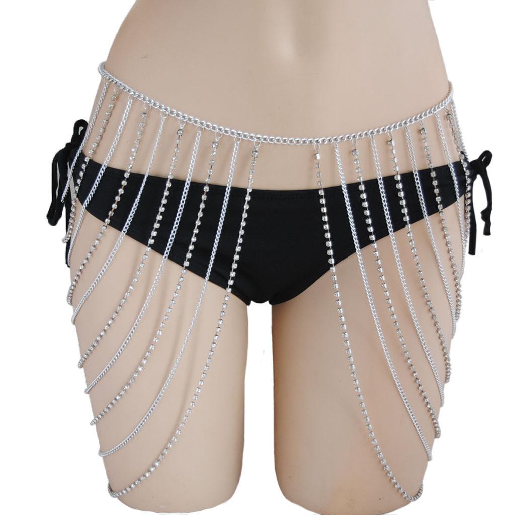 European and American summer versatile metal waist chain women s high-end tassel multi-layer rhinestone chain sexy body chain серебряный