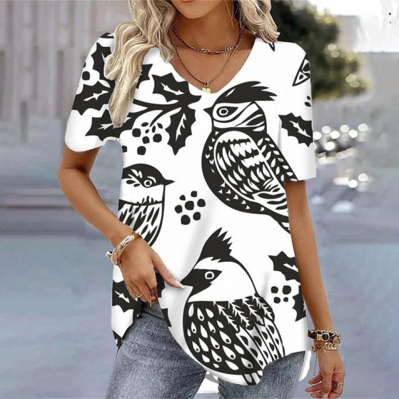 T-shirts V-neck Women's Floral Printed Summer Casual Short Sleeve Tee Shirts Harajuku Versatile Blouse Tops For Female Clothing