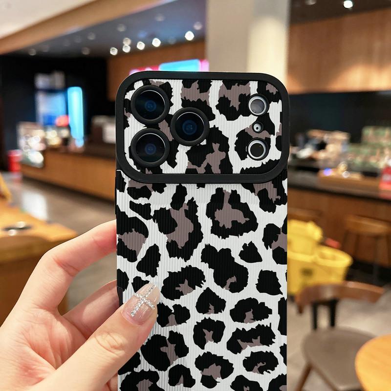 Fashion Leopard Printed Vertical Grain Leather Soft Silicone Phone Case Back Cover with Camera Lens Full Protection for iPhone 17