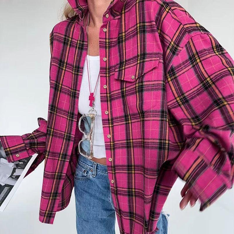 

Fashion Style Fashion Loose Rose Red Plaid Long Sleeves Shirt Long Sleeved Loose Plaid Shirt Rose Red check S