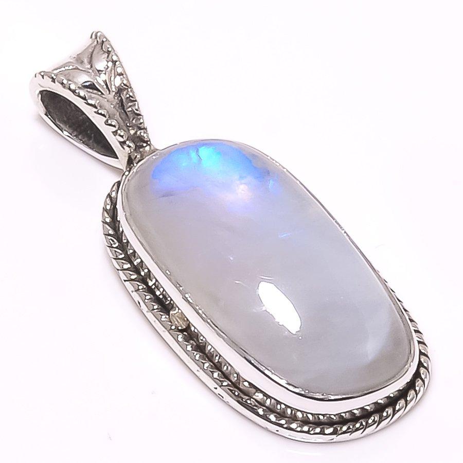 Natural Rainbow Moonstone Gemstone 925 Solid Sterling Silver Pendant 1.18" K8j13