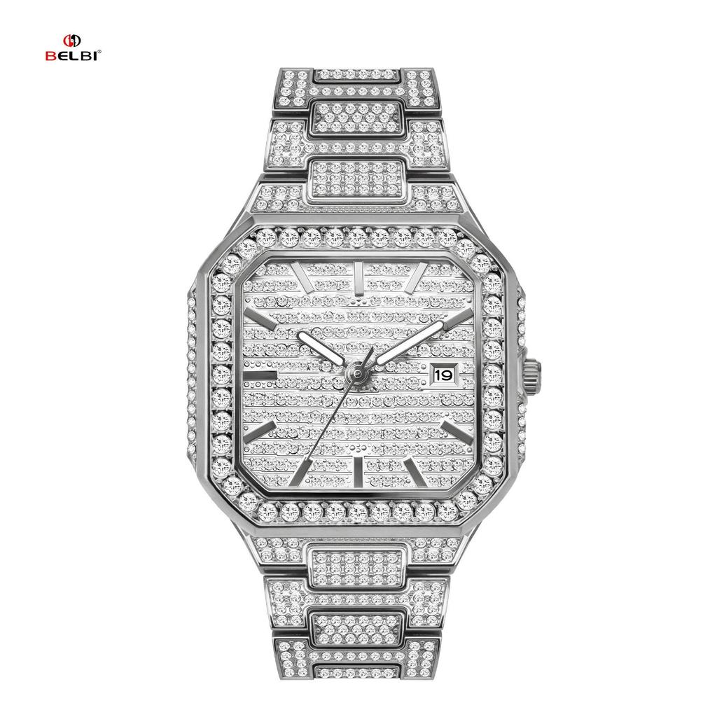 Luxury Full Diamond Watch Men Sparkling Rhinestone Dial Stainless Steel Bracelet Women Elegant Bling Dress Watch