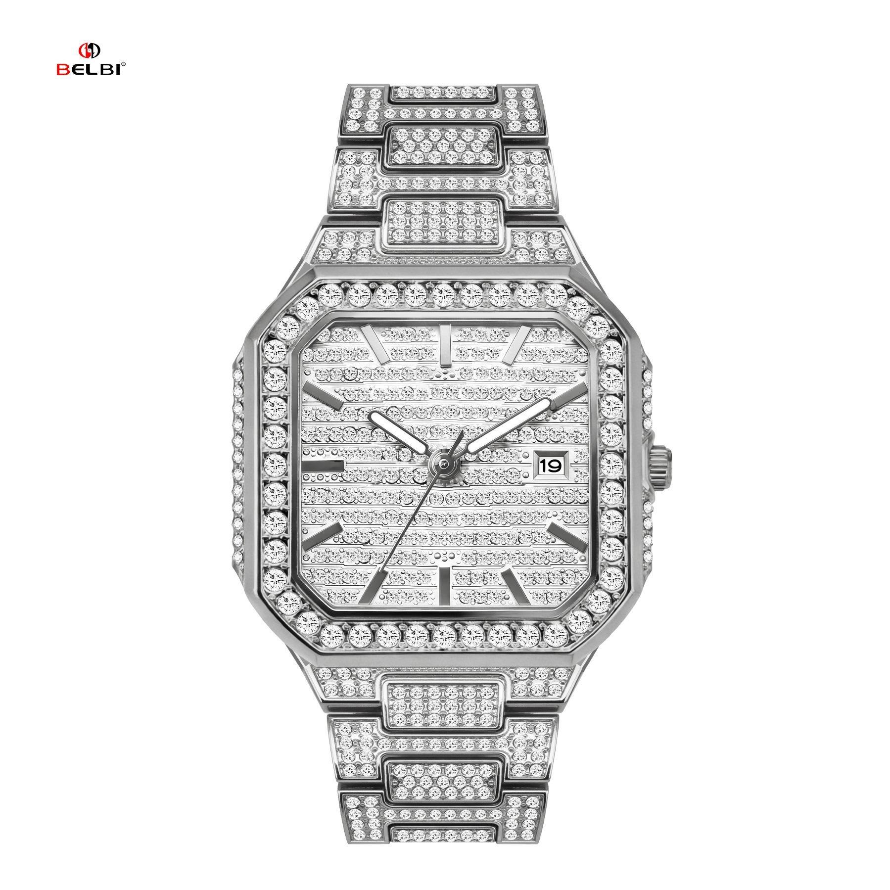 

Luxury Full Diamond Watch Men s Elegant Bling Rhinestone Wrist Watch Date Wateproof Iced Out Square Quartz Watch срібний