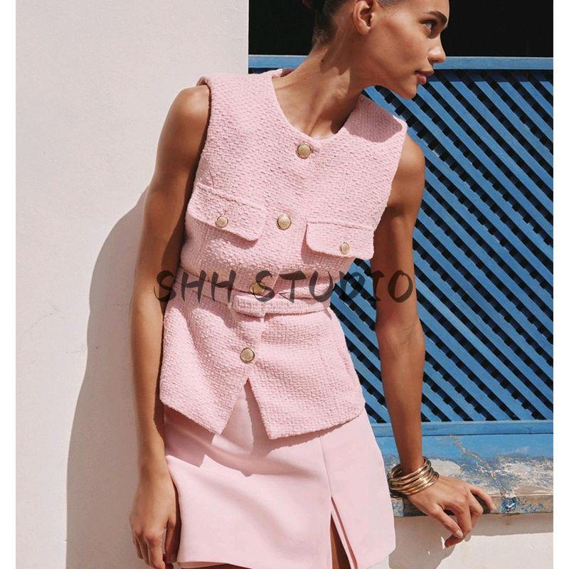Spring and Summer New Women's Clothing Single-Breasted Flip round Neck Sleeveless with Belt Texture Vest 2132091