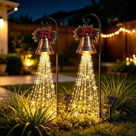 Christmas Ornament Garden Accents Solar Powered Light, Outdoor Metal Stake Snowman Bell Pendant Lamps Star Snowflake Waterfall String Lamp,