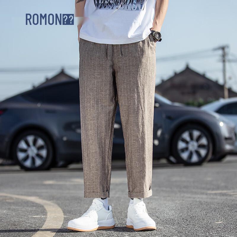

ROMON Men s Striped Linen Blend Harem Cropped Pants M