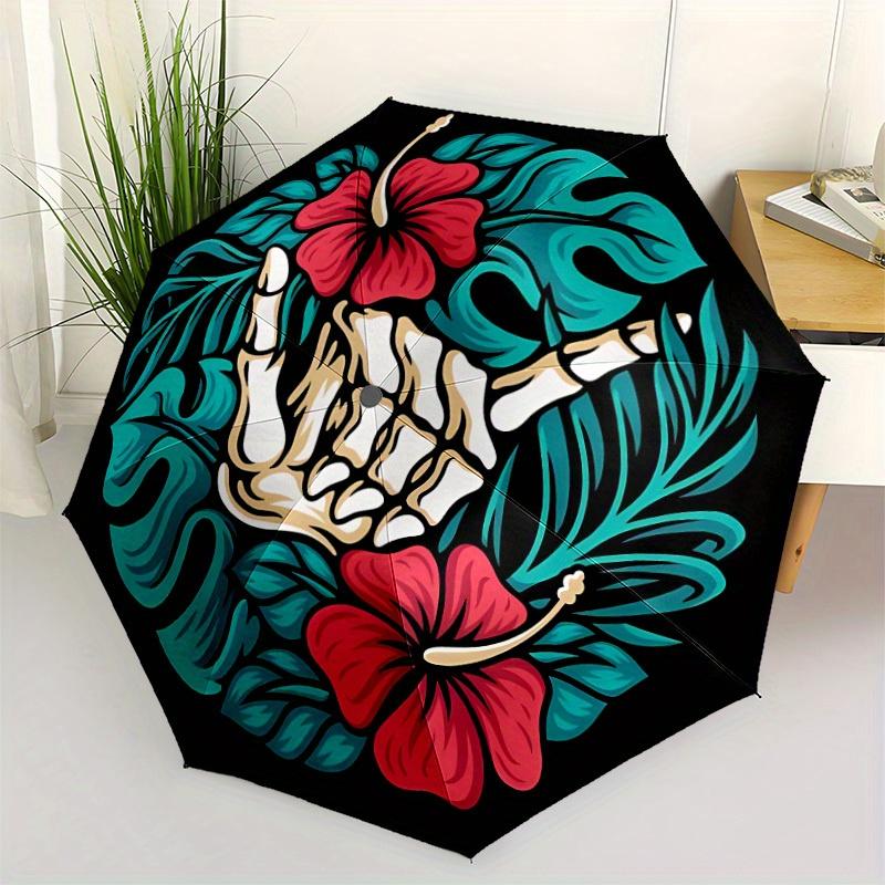 1pc Skull Flowers Automatic Open/close Folding Compact Umbrella, 8 Rib Sturdy Canopy, Lightweight Portable, Everyday Use, Gift,,139