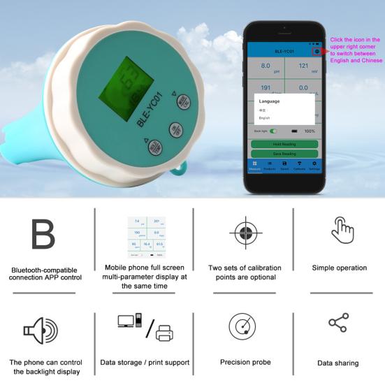 6-in-1 Smart Pool Water Tester Digital Display IP67 Waterproof Bluetooth-compatible PH/Chlorine/ORP/EC/TDS/Temperature Meter