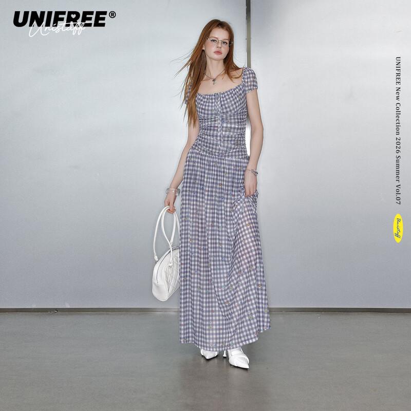 UNIFREE French Retro Floral Plaid Square Neck Long Dress