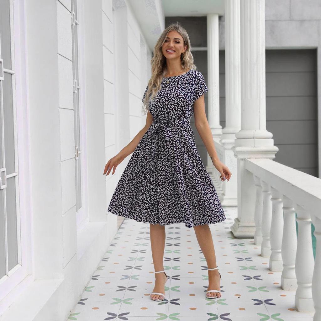 2025 European & American Summer Floral Lace Dress - Casual Short-Sleeved Pleated Skirt