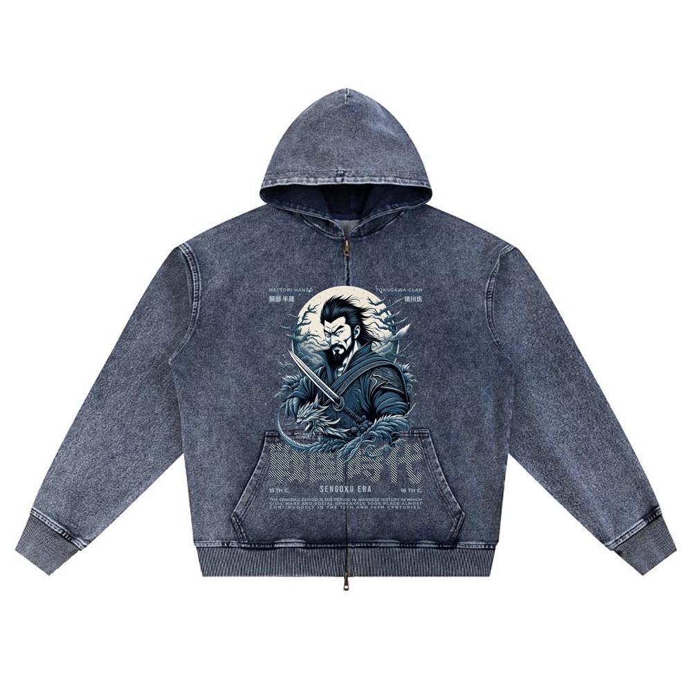 DTG print Knitted Denim Zip-Up Hoodie Japan Samurai Brother Print Zipper Hoodies  