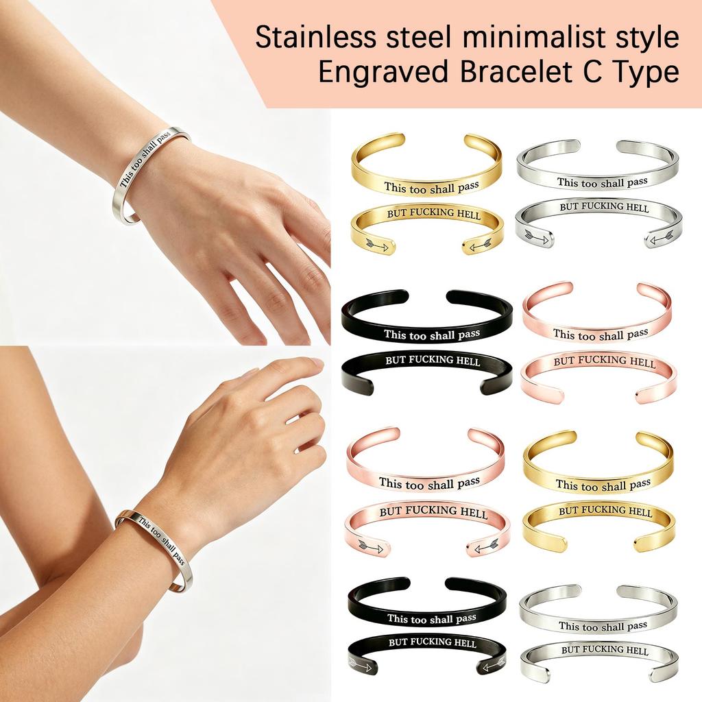 Stainless Steel Open Cuff Bracelet Engraved Inspirational Quote Adjustable Minimalist Design Unisex Simple Style Hand Accessory