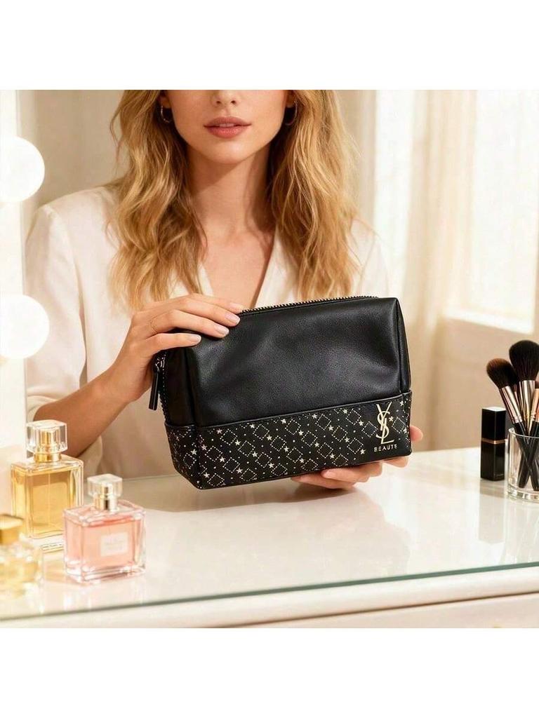 Luxus YSL Blumen-Clutch - Schwarzer Sternenprint Make-up Tasche für Damen, Geräumig & Wasserdicht, Elegantes Geschenk für Feiertage & Feiern