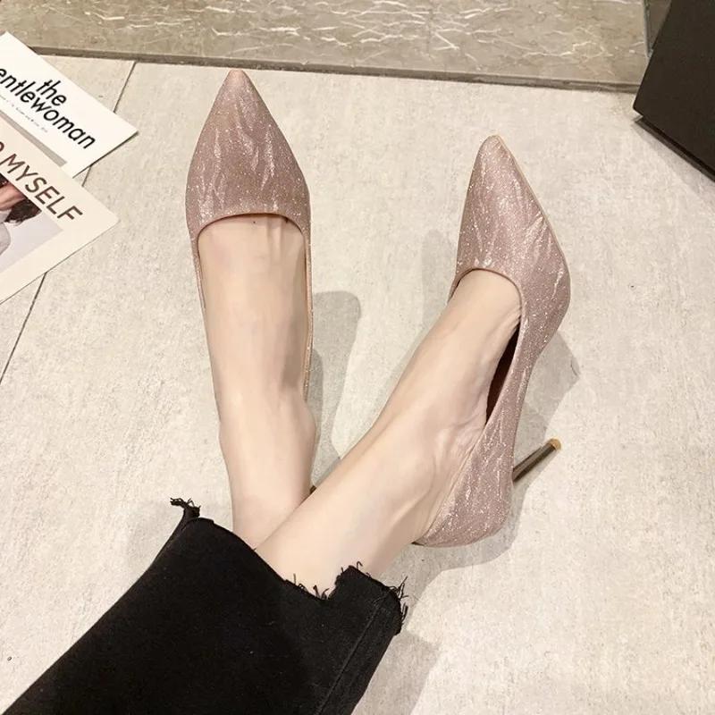 2025 Plus Size Sexy Women's High Heels Bling Pointed Toe Thin Heels Slip On Pumps for Elegant Party & Wedding Shoes