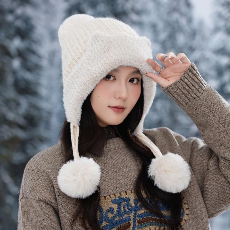Autumn and winter hats, women's hairball knitted hats, fleece ear protectors, warm wool hats, fashionable and versatile bald hats