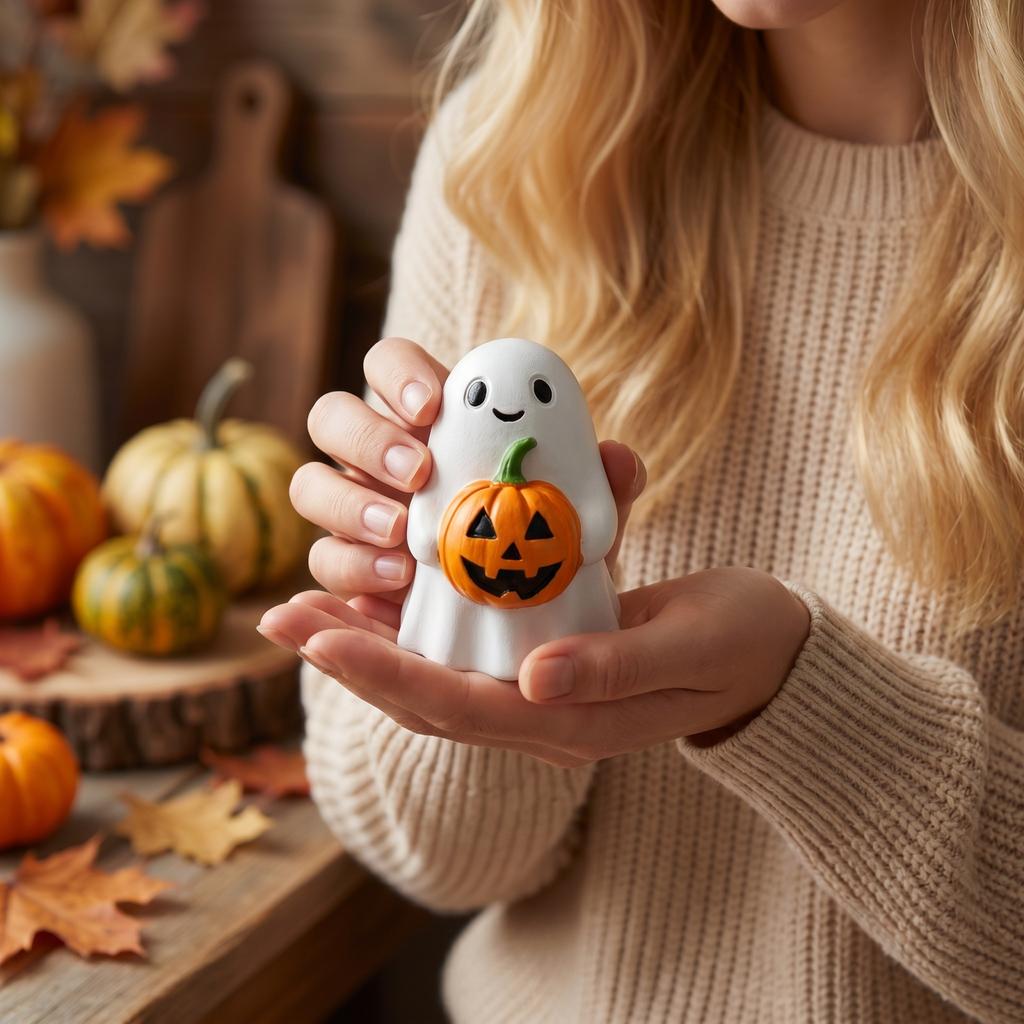 Resin Ghost Holding Pumpkin Figurine Halloween Tabletop Decoration for Home Office Party Indoor Outdoor Display