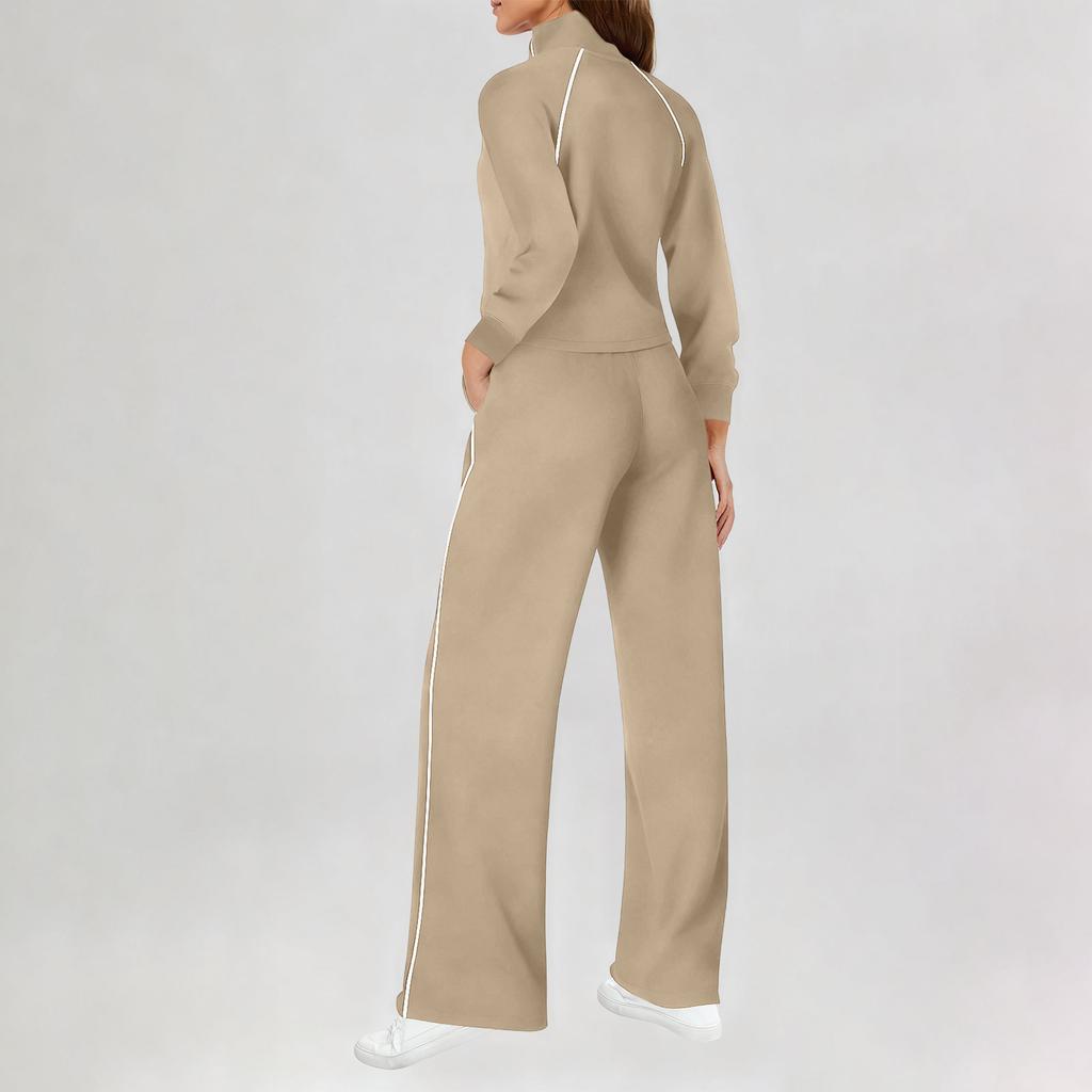 Women's Fashionable Casual Long-Sleeved -Color Sweatshirt And Wide-Leg Pants Two-Piece Set