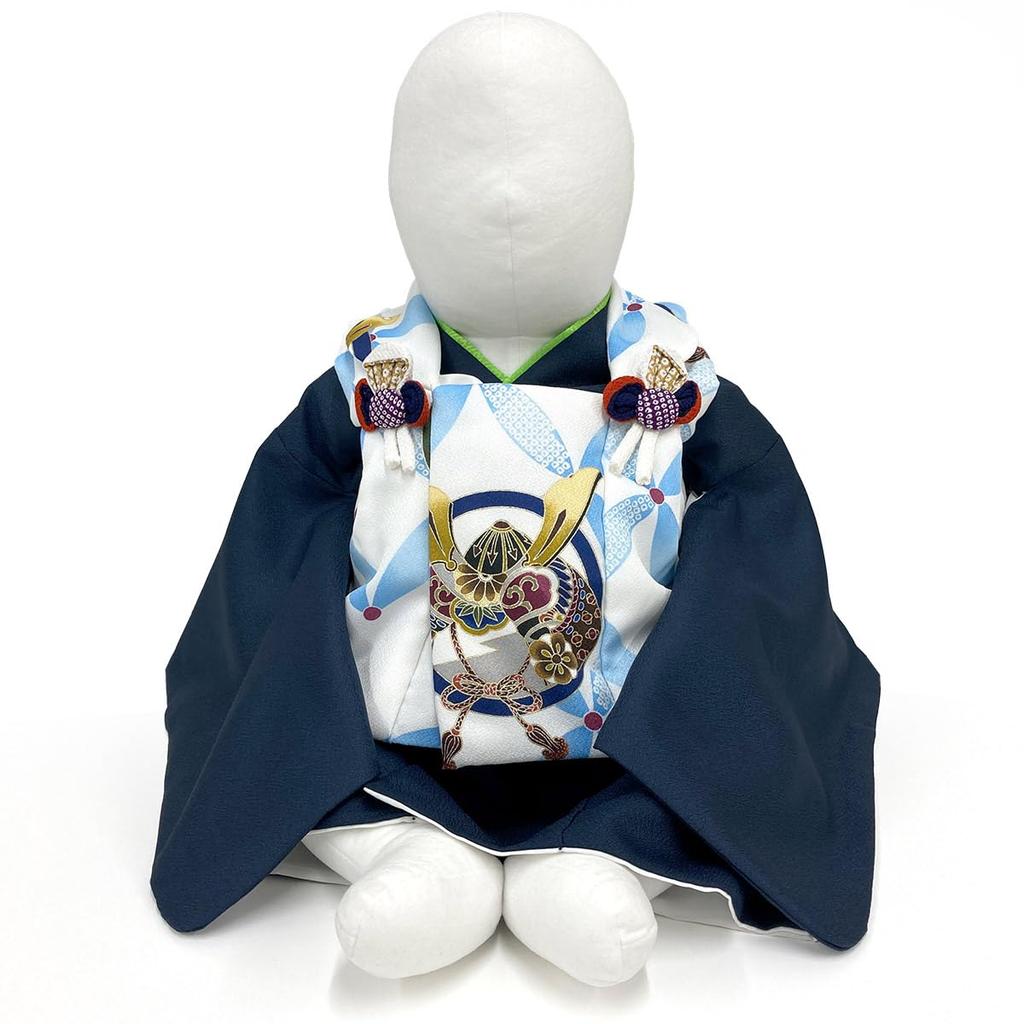 Kyoto Kimono Yuzen Kimono Set for First Meal, First Festival, Children's Day, Boys, Baby Kimono Ensemble (Black X Navy Blue (Kabuto) Pattern)