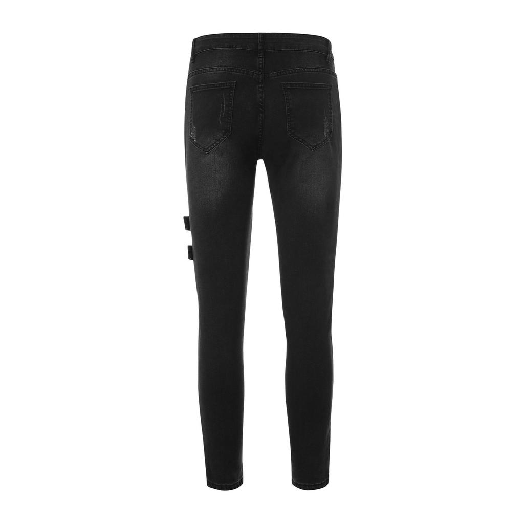 Men Jeans Solid Color Ripped Holes Frayed Gradient Washed Trousers