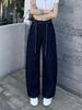 Women's Spring 2026 Retro Denim Blue Lace-Up Wide-Leg Jeans - Elastic Waist, Loose Fit, Slimming Casual Pants