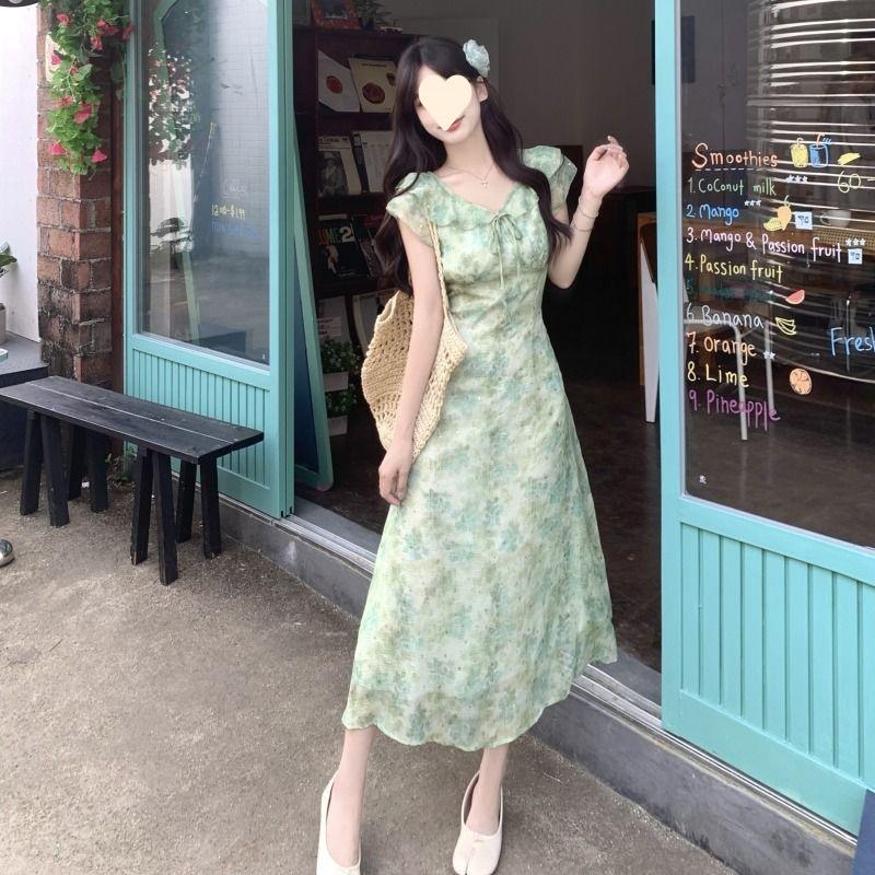 Green Xiaofei Sleeve Floral Dress Women's Summer New Seaside Vacation Sleeveless Waist Long Skirt