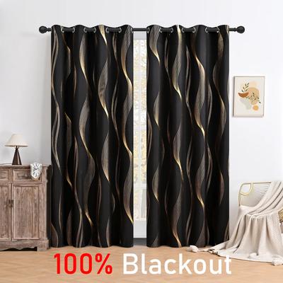 1Panel 100% Blackout Hot Stamping Wave Pattern Perforated Curtain   Window Curtains For Living Room   Hotel Bedrooms   Home Decor