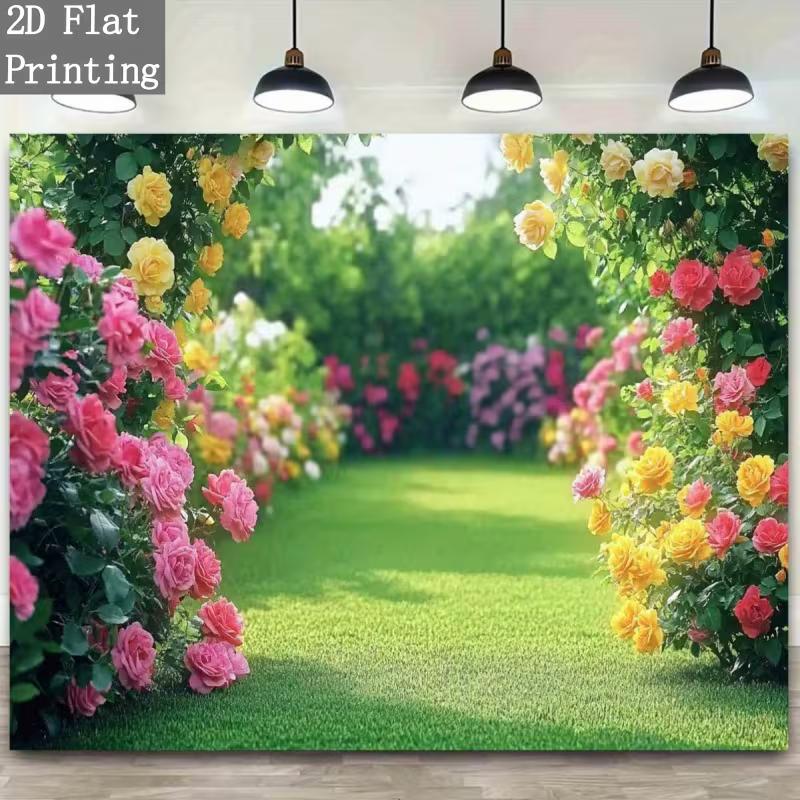 2D Floral Backdrop Green Lawn Rose Garden Party Background