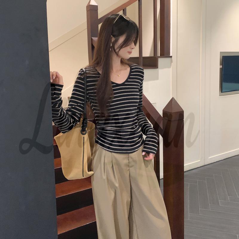 Stunning Striped V-Neck Base Layer Shirt for Women - Long-Sleeve, Autumn 2026 Style, Wear Alone or as Inner Wear