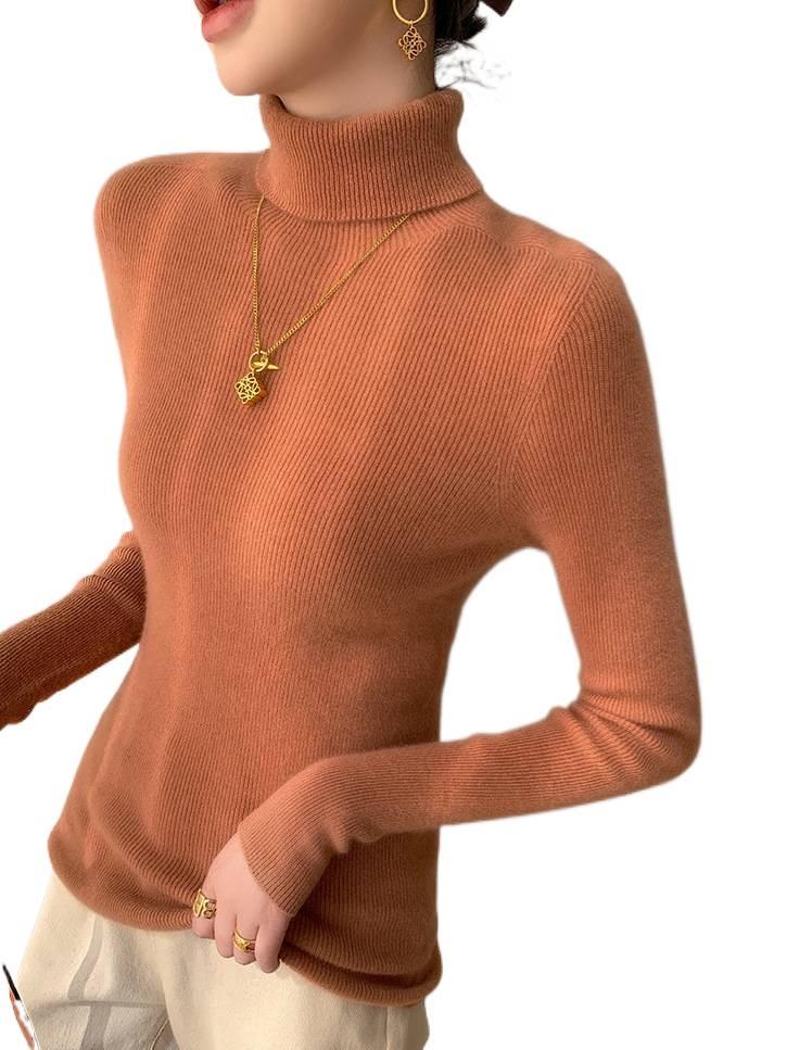 Women's Slim Fit Wool & Cashmere High Neck Sweater - Seamless, Solid Color for Autumn/Winter.