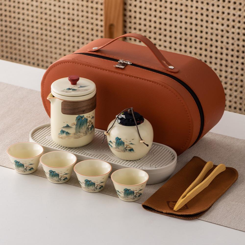 Ru kiln outdoor travel kung fu tea set gift box set high-end Guochao merchandise teacup business gift
