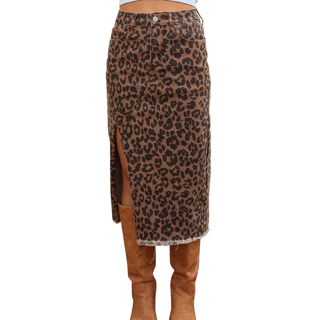 Leopard Print High-Waisted Slit Denim Midi Skirt for Women