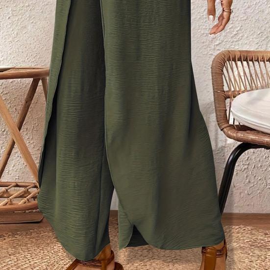 Women Pants Elastic Waist High Side Split Casual Pants Spring Summer Autumn Breathable Solid Color Loose Fit Wide Legs Trousers