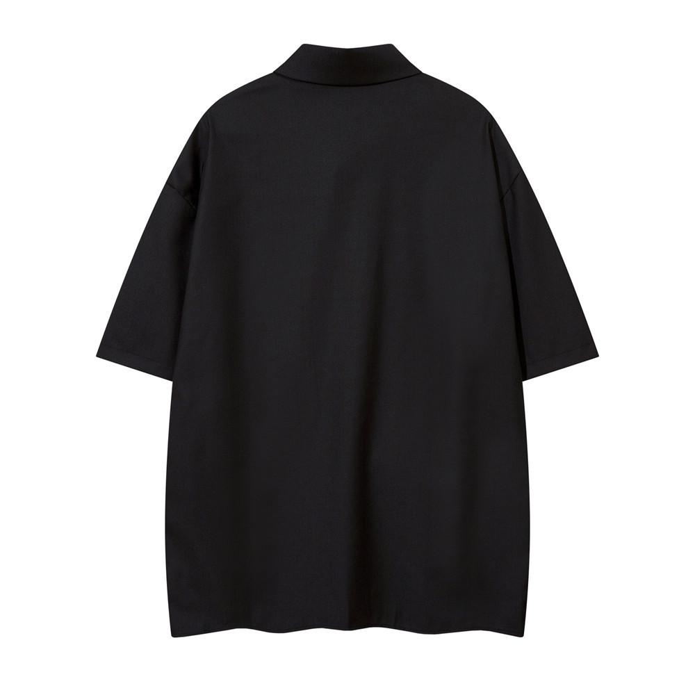 3D Pleated Solid Color Short Sleeved Shirt Top for Men's Summer Design, American Loose Collar Cardigan Shirt