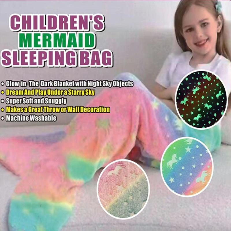 2026 New Night Glow Cartoon Rainbow Unicorn Mermaid Tail Blanket Flannel Wearable Super Soft Glow Gifts for Girls All Seasons
