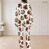 Women Plus Size White Floral Printed Round Neck Long Sleeve Top And Long Pants Two Piece Set