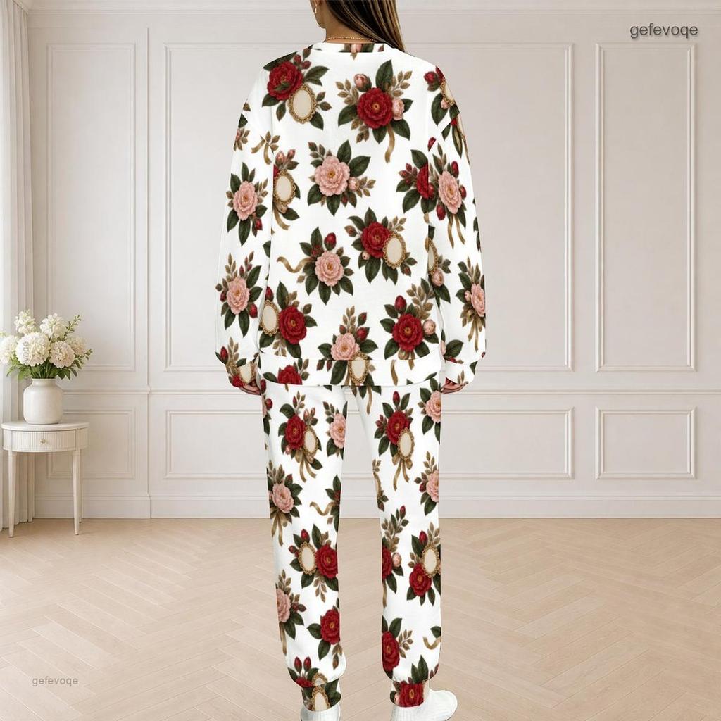 Women Plus Size White Floral Printed Round Neck Long Sleeve Top And Long Pants Two Piece Set