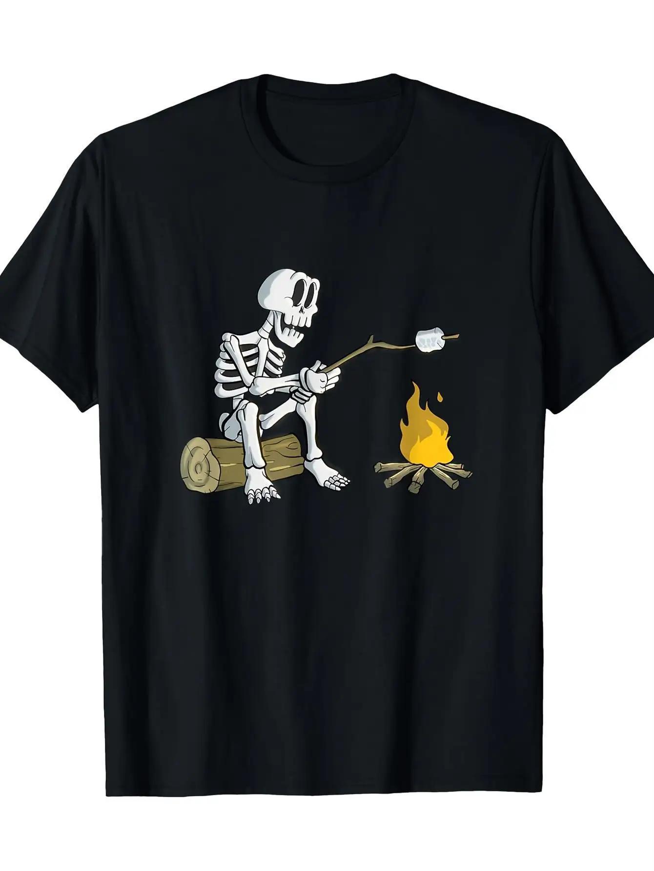 Skeleton Roasting Marshmallow Graphic Tee Funny Camping Casual Cotton Short Sleeve TShirt for Unisex S
