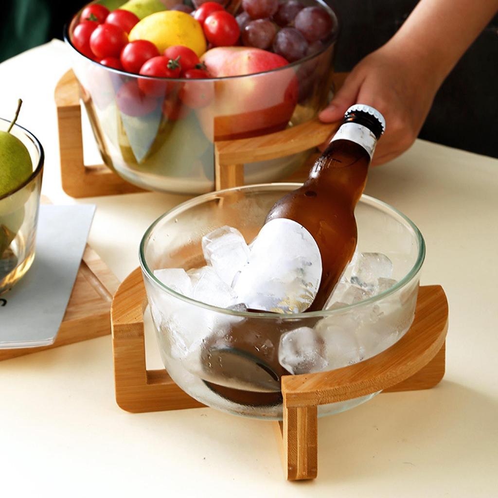Salad Bowl Cake with Wooden Stand Practical Round Glass Fruit Plate Dessert for Vegetables