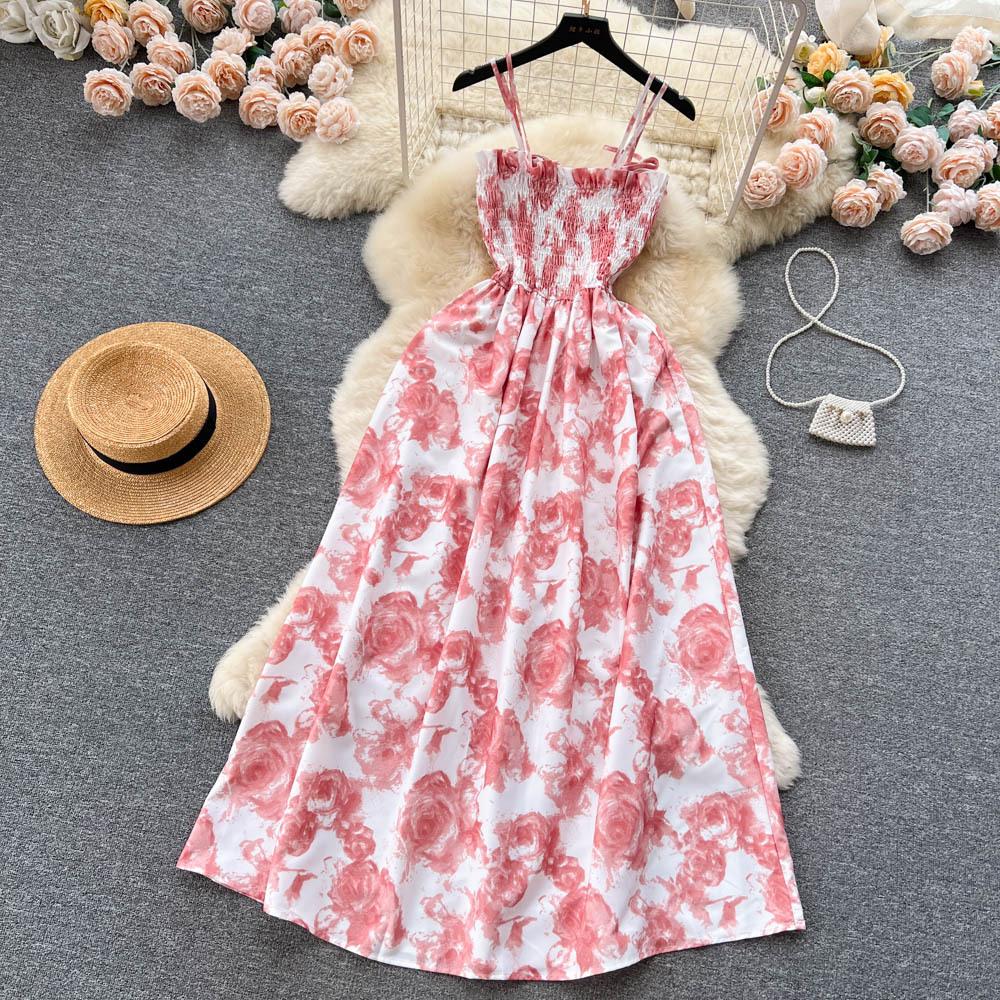 Koreansk stil for kvinner Rose Blomstertrykk Retro Festkjole Sommer Elastisk Høy midje Ferie Lang kjole Strand Vestido