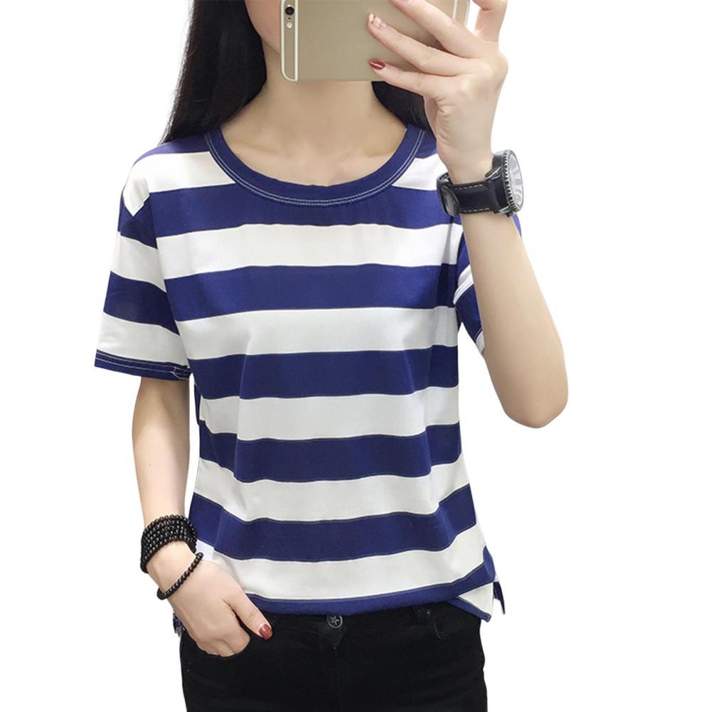Summer T-shirt Round Neck Short Sleeve T-shirt Striped Print Breathable Versatile Loose Fit Top Streetwear