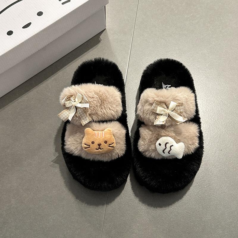 Vielseitige lässige flauschige Hausschuhe für Damen Herbst und Winter 2025 Cartoon niedliche Katze und Fisch warme dicksohlige Baumwollhausschuhe