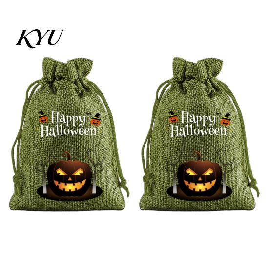 Lightweight Candy Carriers 2Pcs Halloween Pumpkin Drawstring Bags for Treats, Retro Burlap Pattern Party Favors Trick or Treat Bags, Portable