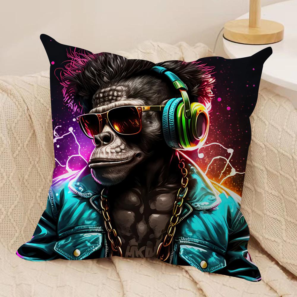 DJ Monkey with Headphones Cushion Cover Plush Fabric Soft DoubleSided Printed Sofa Warm Winter Home Gift Pillow Cover
