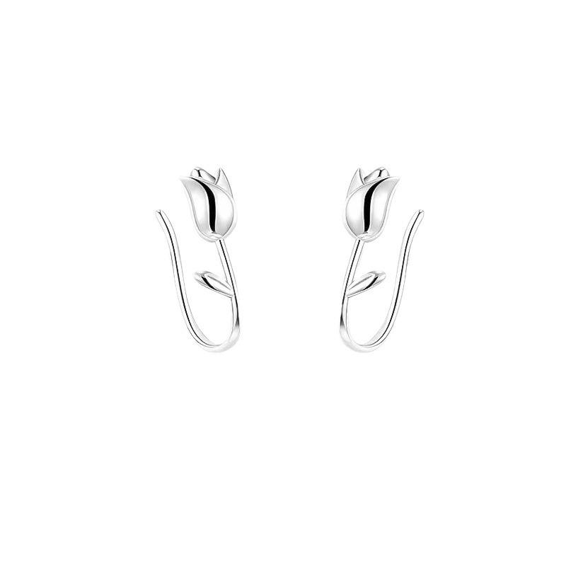 Solid Sterling Silver S999 Tulip Rose Flower Ear Cuffs Korean Style Women's Jewelry