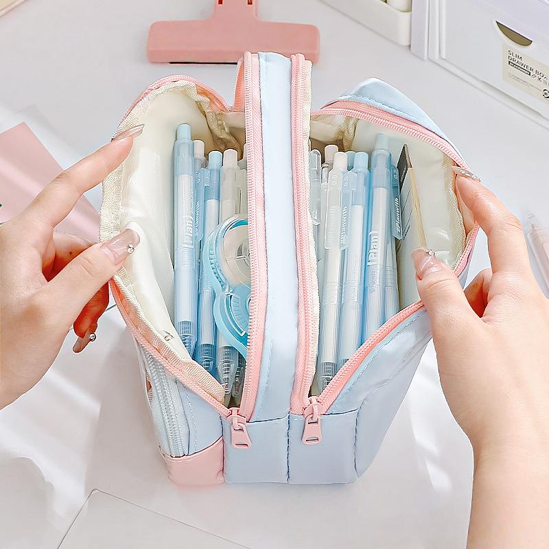 3 Compartments Pencil Bag Large Capacity Pen Pouch Desk Organizer School Supplies Home Office Stationery Storage Bag